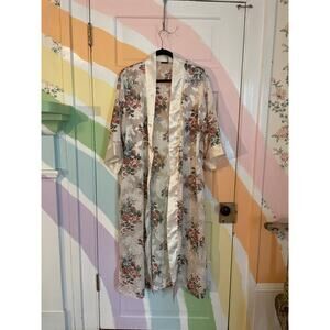 Vintage Kathryn Sheer Floral Lace Kimono Robe  Duster Cover Up Satin Size Small